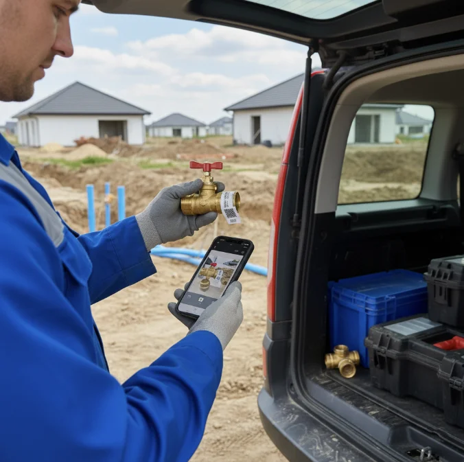 Agent terrain scannant une pièce depuis le coffre d'un véhicule utilitaire — chantier d'eau en arrière-plan