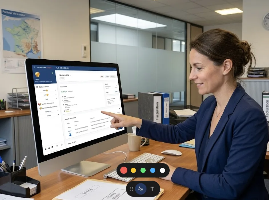 Image IA : Employee de bureau passant commande sur ordinateur, interface GSE-Web visible avec suivi de commande