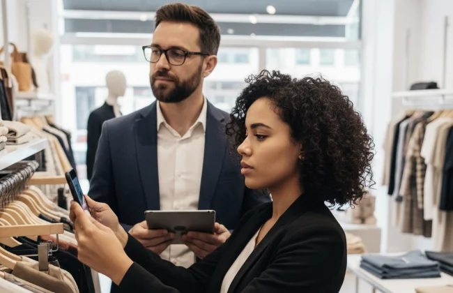 Two people counting stock in a store, one with a smartphone, the other with a tablet