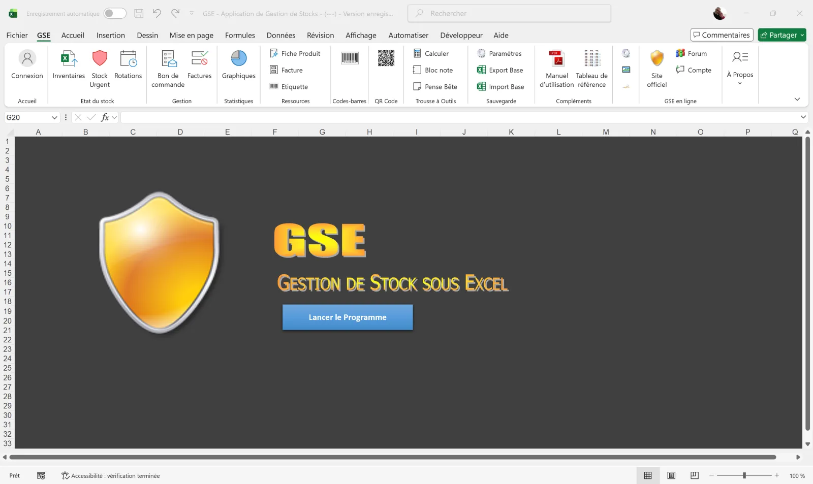 GSE Excel — home form with menus for products, movements, inventory, third parties