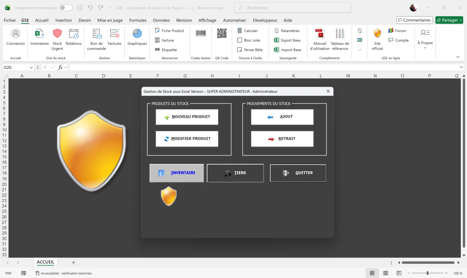GSE Excel — overview of the interface with ribbon and central form