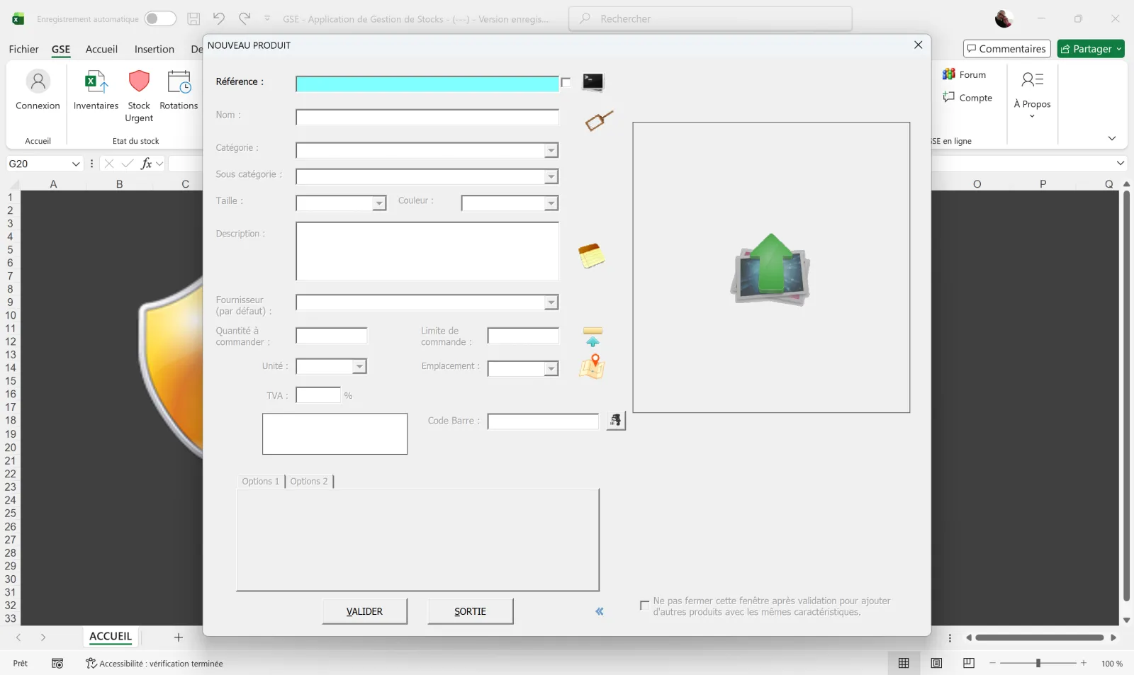 GSE Excel — form to create a new product with reference, name, thresholds