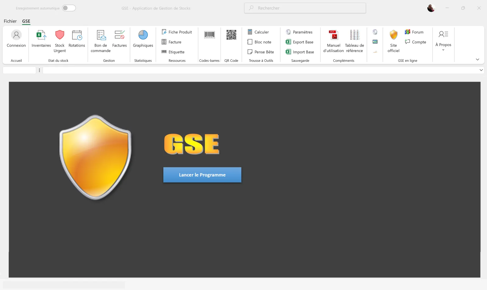 GSE Excel — custom ribbon with inventories, product file, invoices, barcodes, settings