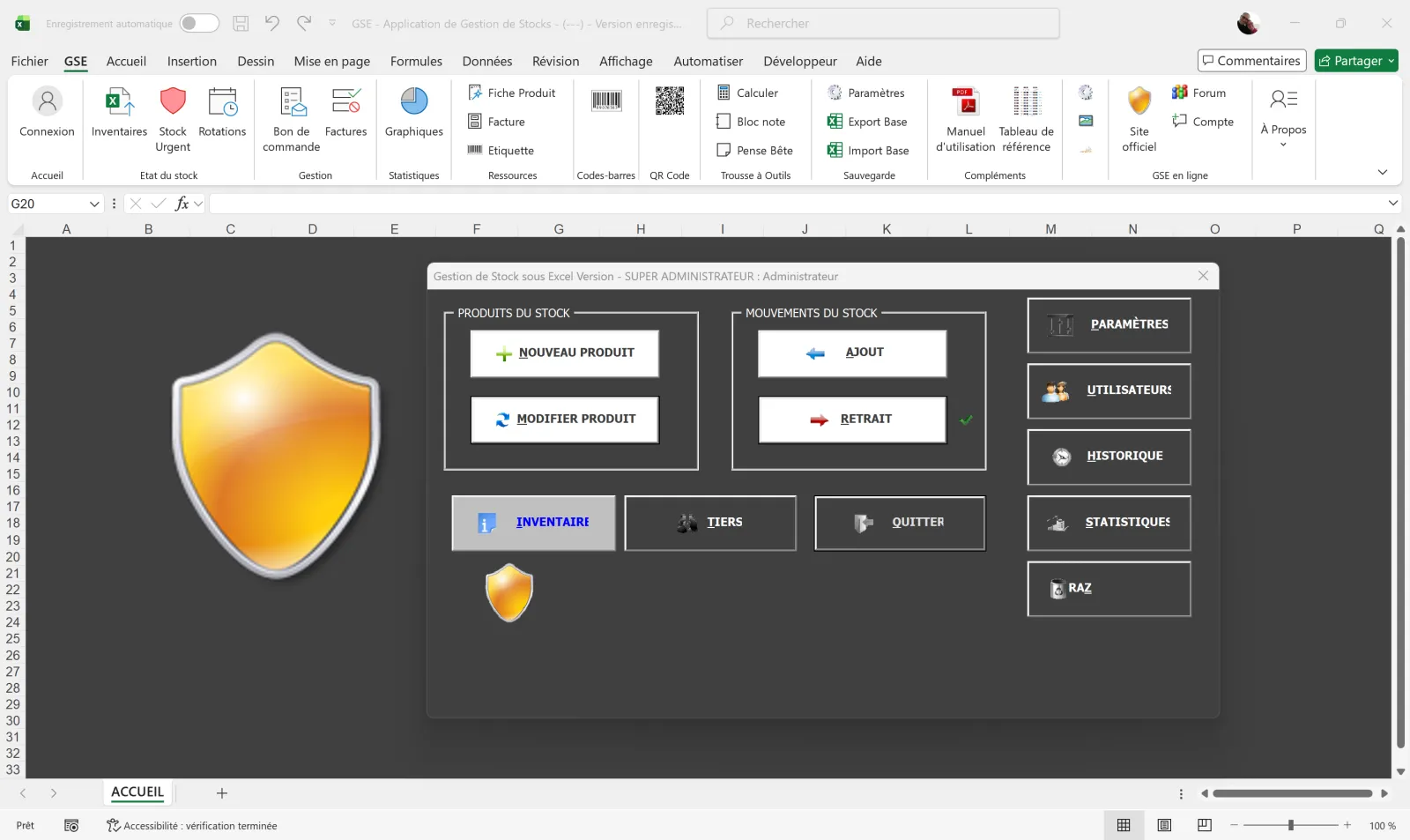 GSE Excel — settings screen to customize the application