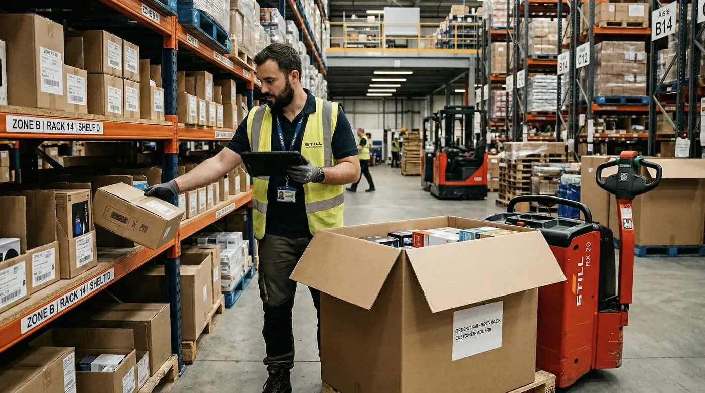 Opérateur faisant du picking avec sa tablette et GSE-Web