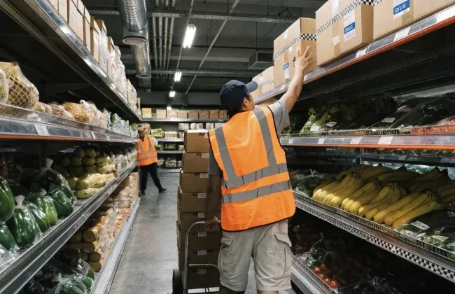 Magasin alimentaire — rayons frais et produits étiquetés DLC