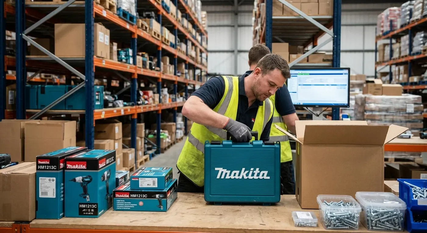 Magasinier BTP préparant du matériel (perforateurs, fixations), étagères industrielles, bon de réservation visible