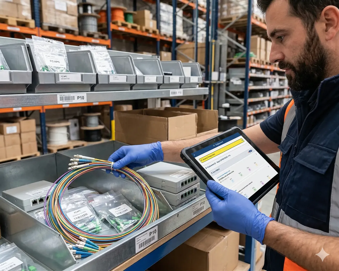 Magasinier préparant du matériel télécom (câbles fibre, connecteurs, boîtiers), bon de mouvement visible sur tablette