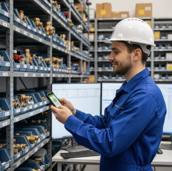 Magasinier scannant des pièces avec smartphone — étagères organisées et écran de validation visible