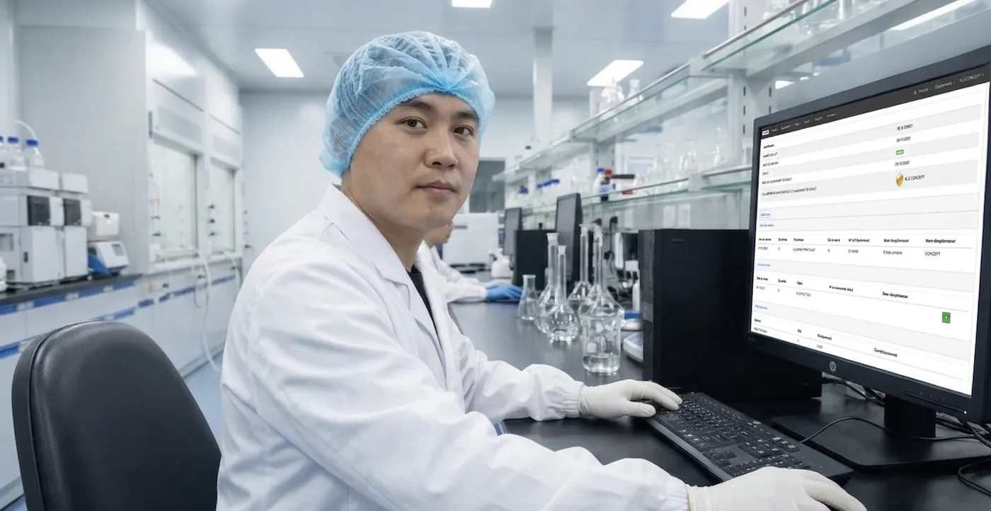 Opérateur en salle blanche utilisant un lot libéré, écran GSE-Web affichant le statut Libéré, quantité décimale visible