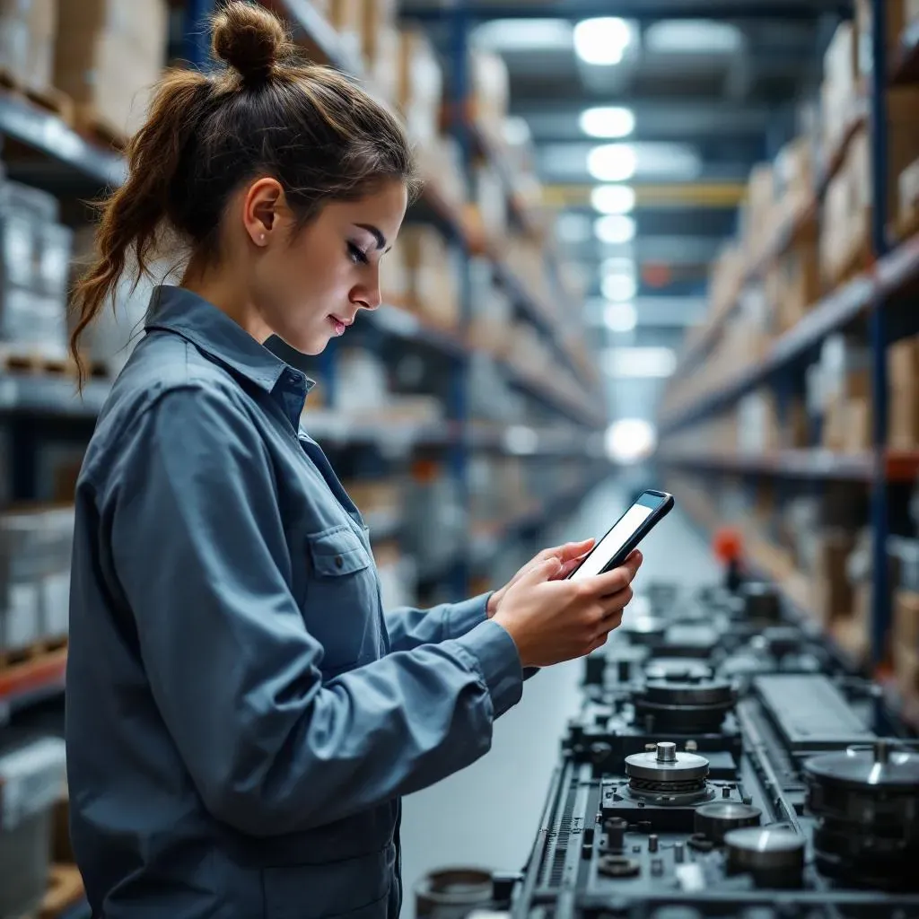 operatrice_en_tenue_industrielle_scannant_un_roulement_avec_son_smartphone__ligne_de_production_en_arriere-plan