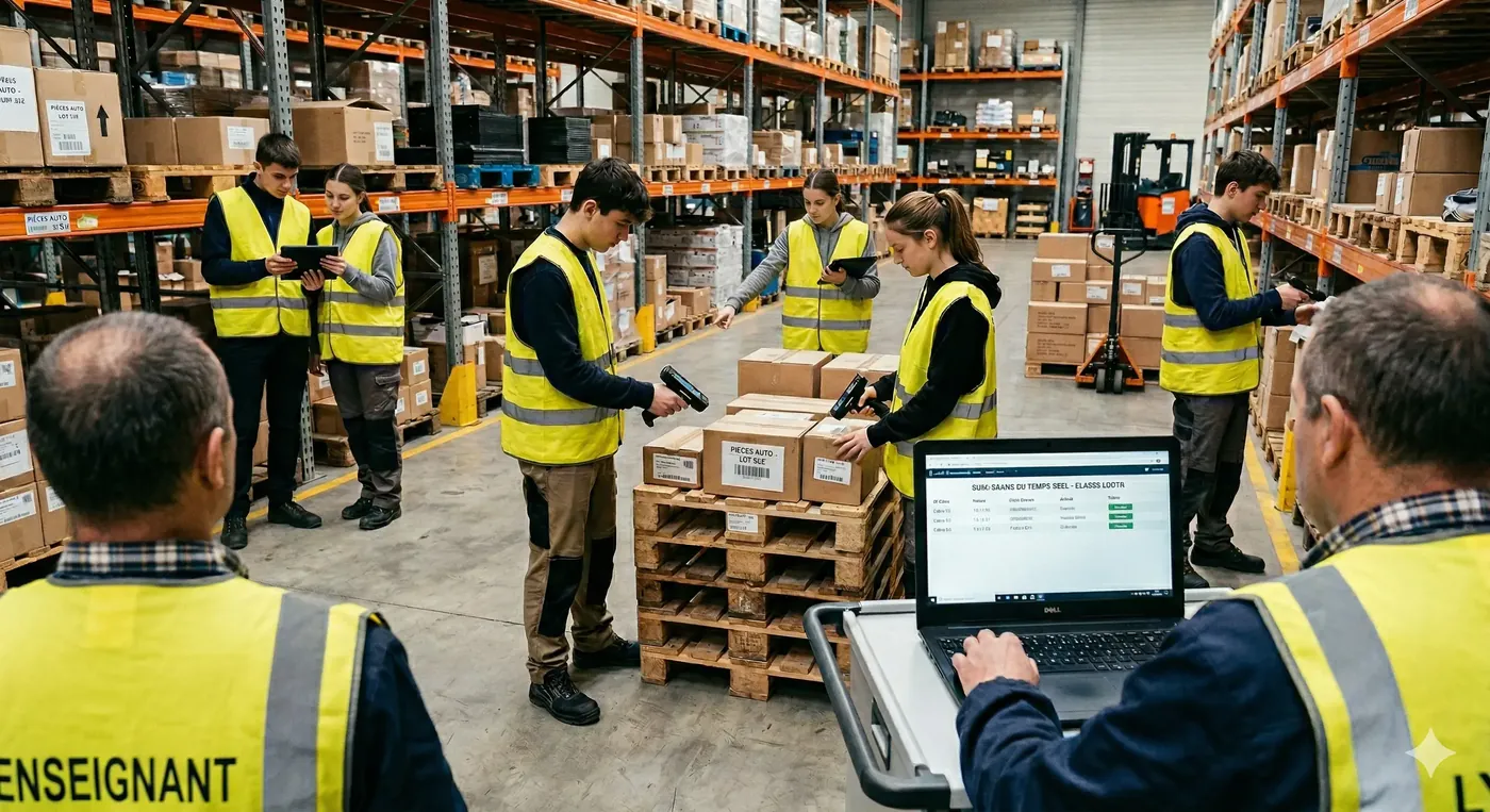 Salle de classe logistique, élèves sur tablettes scannant des produits, enseignant consultant le dashboard live