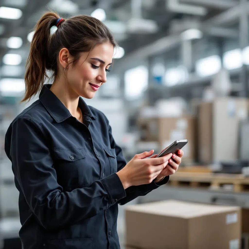 Technicienne aéronautique vérifiant un composant avant montage, hangar lumineux, pièce en main